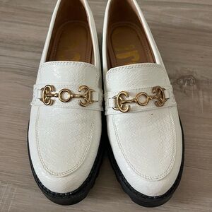 Sam Edelman White Faux-Snakeskin Loafer with Gold Bit